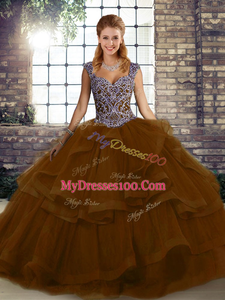 Floor Length Brown Sweet 16 Dresses Straps Sleeveless Lace Up