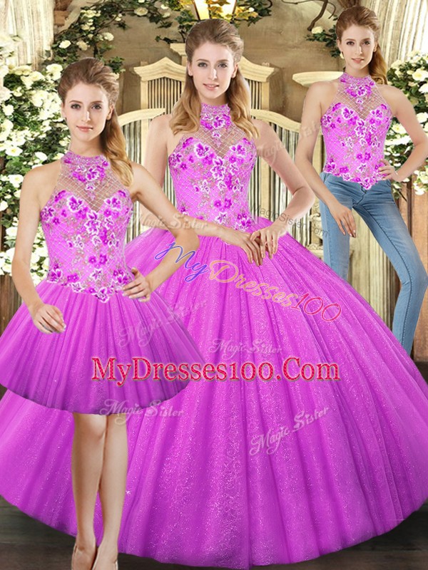 Floor Length Lace Up Quinceanera Dress Lilac for Military Ball and Sweet 16 and Quinceanera with Embroidery