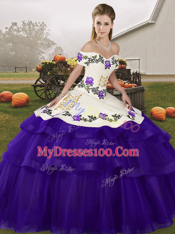 Purple Sleeveless Brush Train Embroidery and Ruffled Layers Quinceanera Dress
