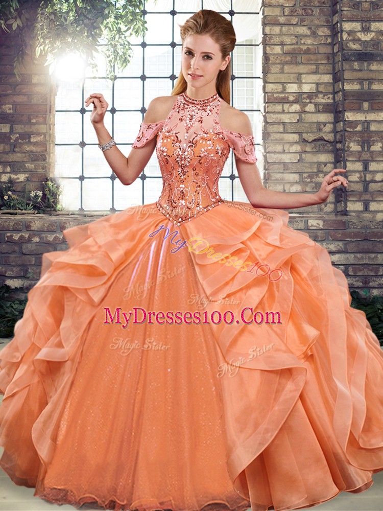 Perfect Orange Ball Gowns Organza Halter Top Sleeveless Beading and Ruffles Floor Length Lace Up 15 Quinceanera Dress