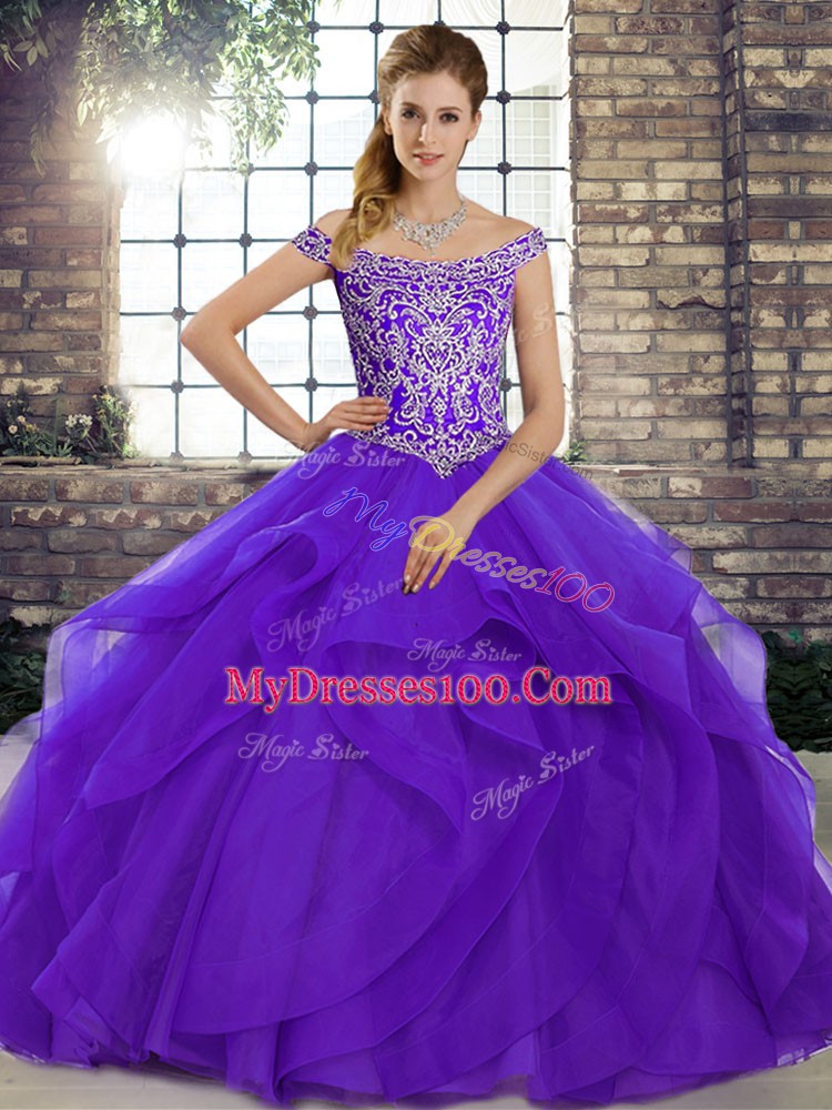 Decent Purple Ball Gowns Off The Shoulder Sleeveless Tulle Brush Train Lace Up Beading and Ruffles Quinceanera Gowns