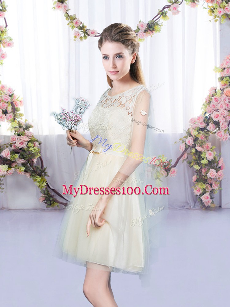 Sleeveless Tulle Mini Length Lace Up Bridesmaid Dresses in Champagne with Lace and Bowknot