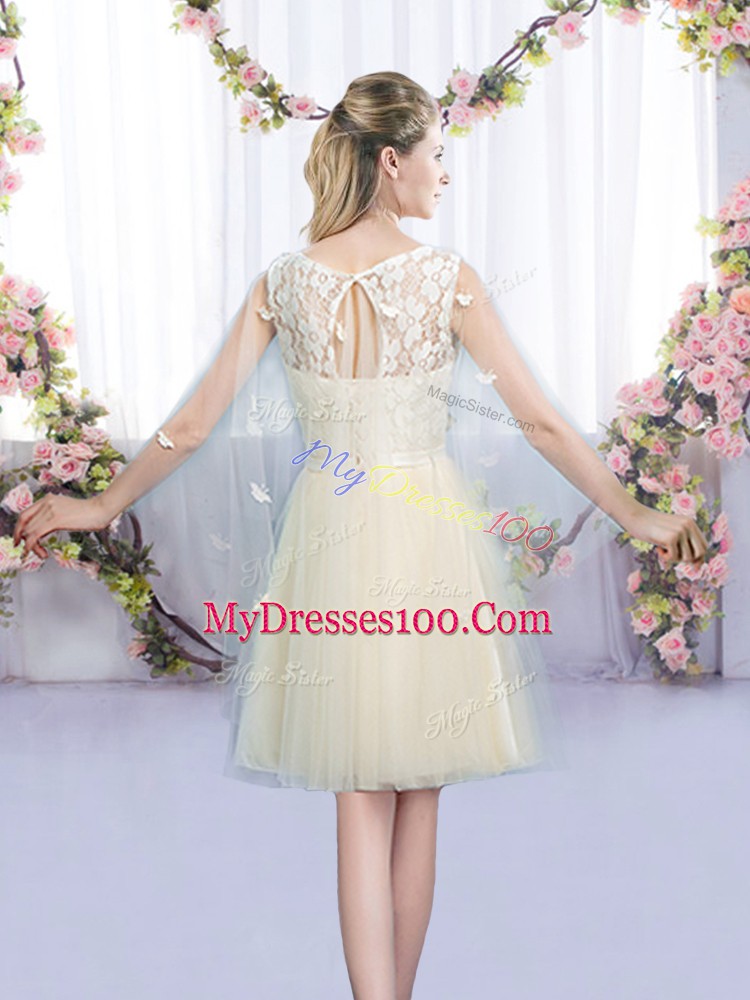 Sleeveless Tulle Mini Length Lace Up Bridesmaid Dresses in Champagne with Lace and Bowknot
