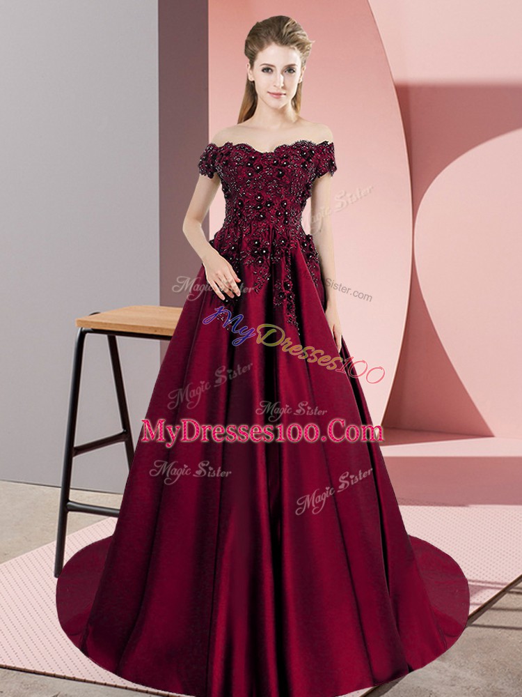 Superior Wine Red Zipper Off The Shoulder Appliques 15th Birthday Dress Satin Sleeveless Court Train