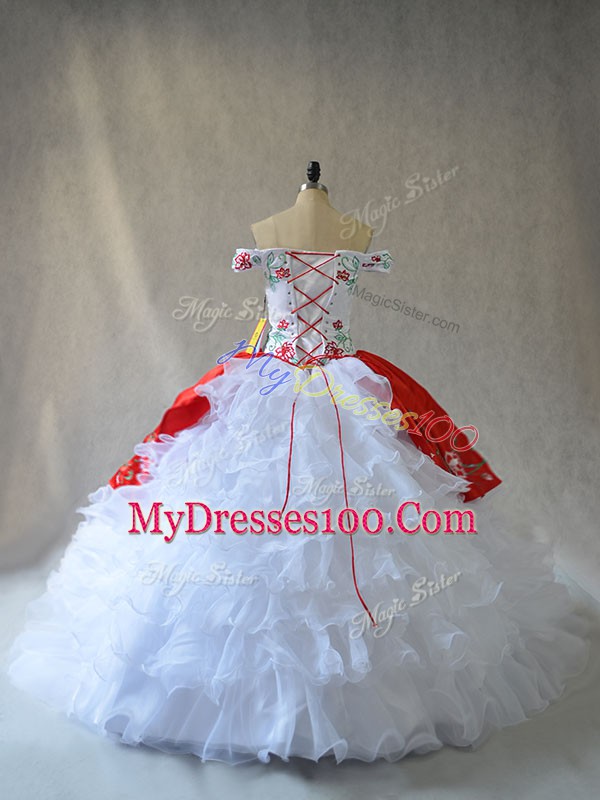 White And Red Organza Lace Up Sweet 16 Quinceanera Dress Sleeveless Embroidery and Ruffled Layers