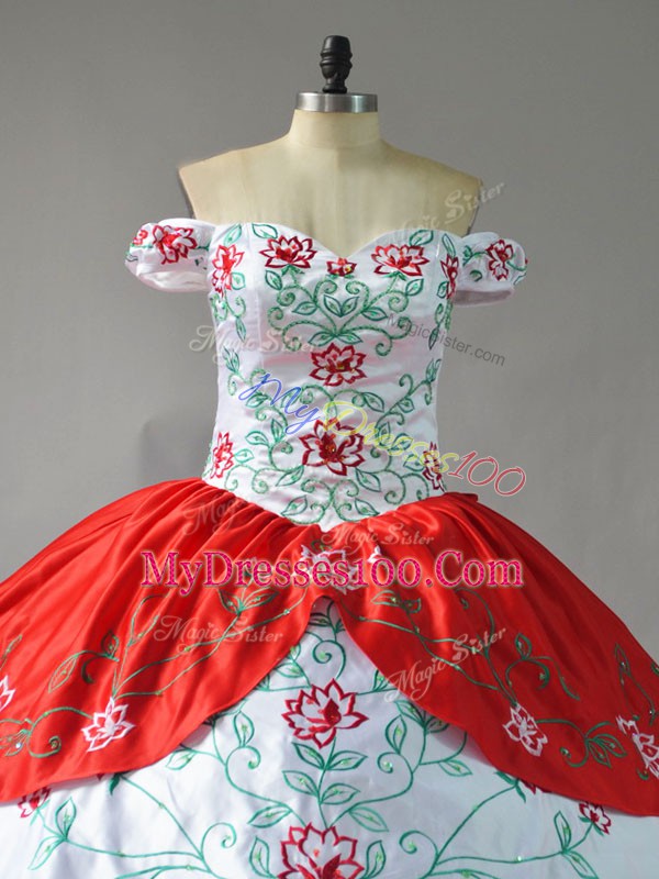 White And Red Organza Lace Up Sweet 16 Quinceanera Dress Sleeveless Embroidery and Ruffled Layers