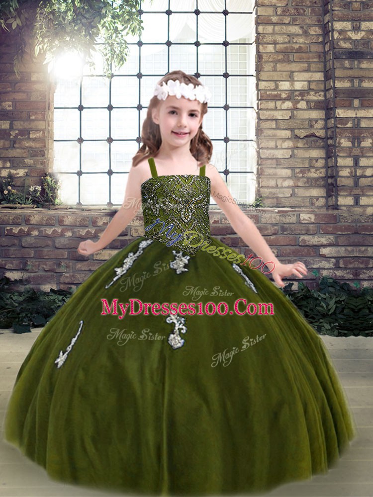 Stylish Olive Green Strapless Lace Up Appliques Little Girl Pageant Gowns Sleeveless