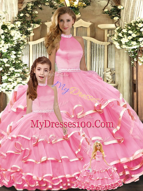 New Arrival Pink 15th Birthday Dress For with Beading and Ruffled Layers High-neck Sleeveless Lace Up
