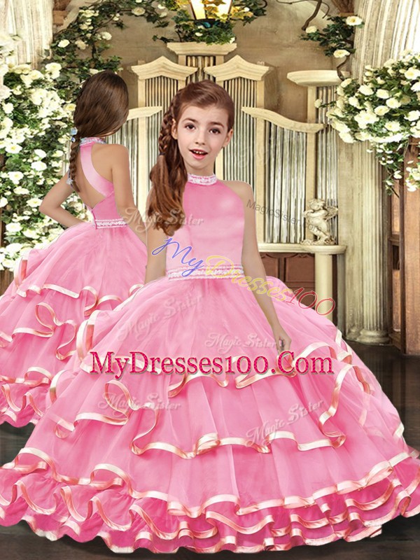 New Arrival Pink 15th Birthday Dress For with Beading and Ruffled Layers High-neck Sleeveless Lace Up