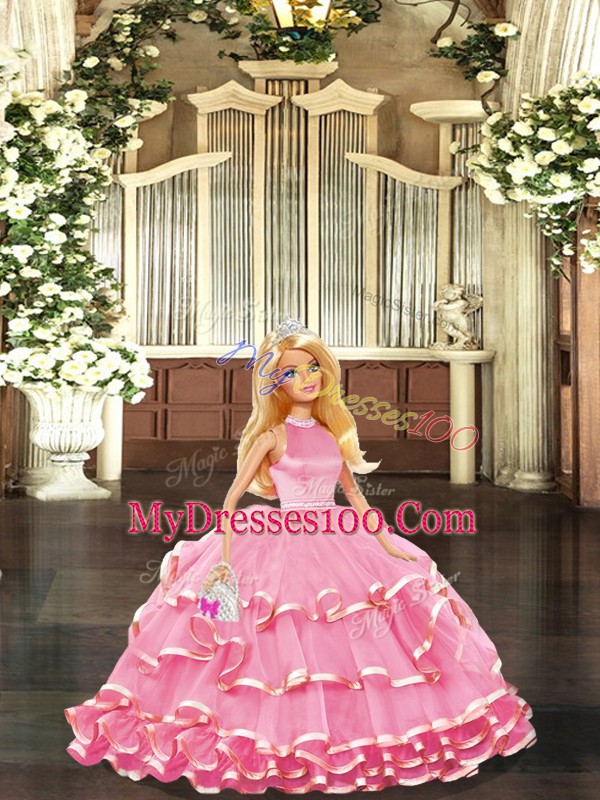 New Arrival Pink 15th Birthday Dress For with Beading and Ruffled Layers High-neck Sleeveless Lace Up