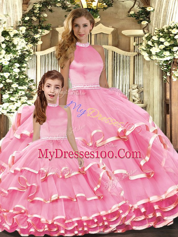 New Arrival Pink 15th Birthday Dress For with Beading and Ruffled Layers High-neck Sleeveless Lace Up