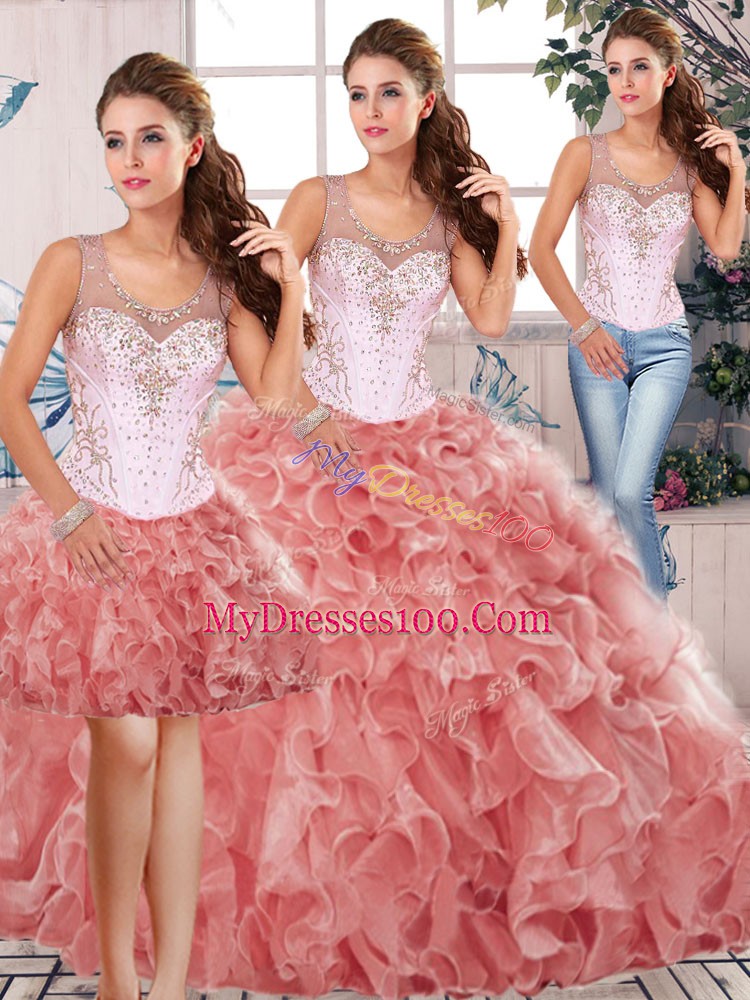 Great Floor Length Three Pieces Sleeveless Watermelon Red Ball Gown Prom Dress Clasp Handle