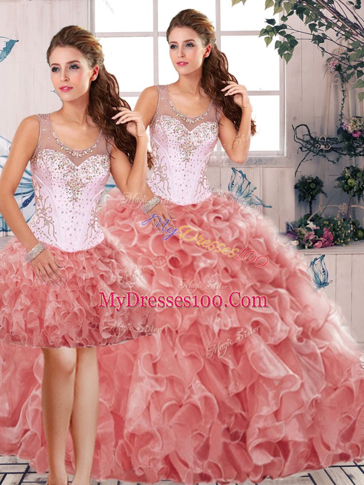 Great Floor Length Three Pieces Sleeveless Watermelon Red Ball Gown Prom Dress Clasp Handle