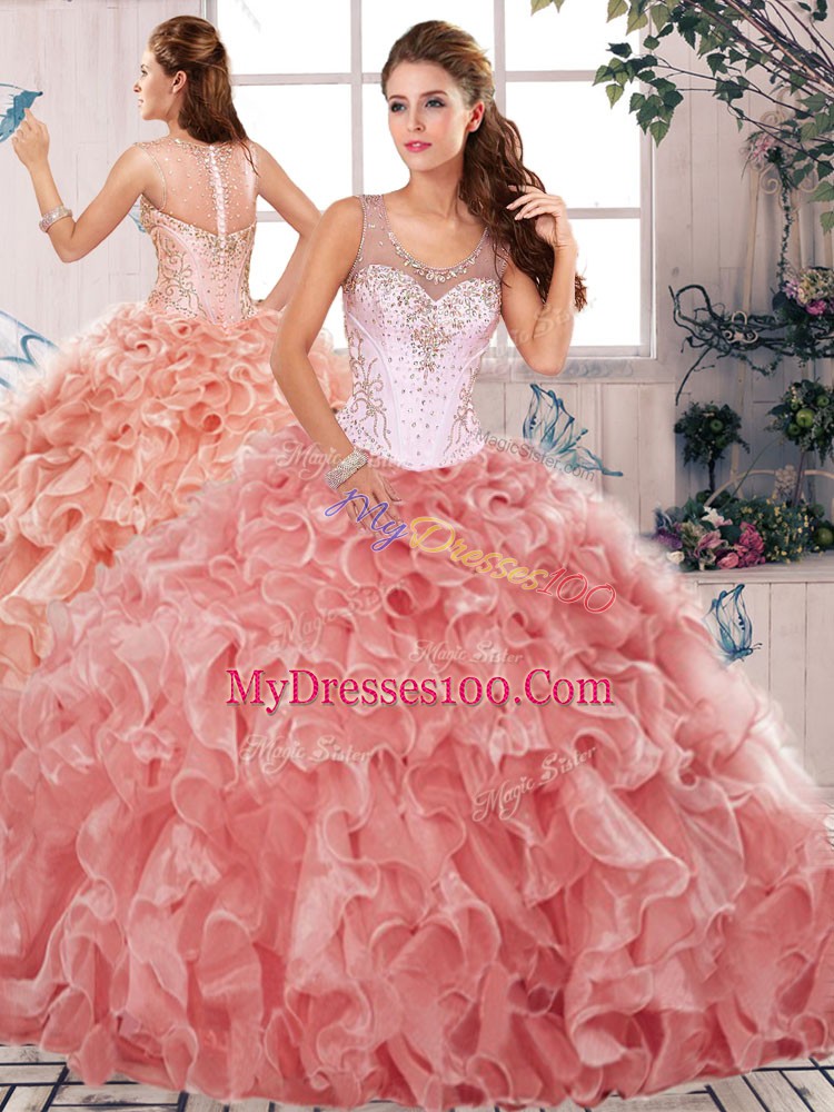 Great Floor Length Three Pieces Sleeveless Watermelon Red Ball Gown Prom Dress Clasp Handle