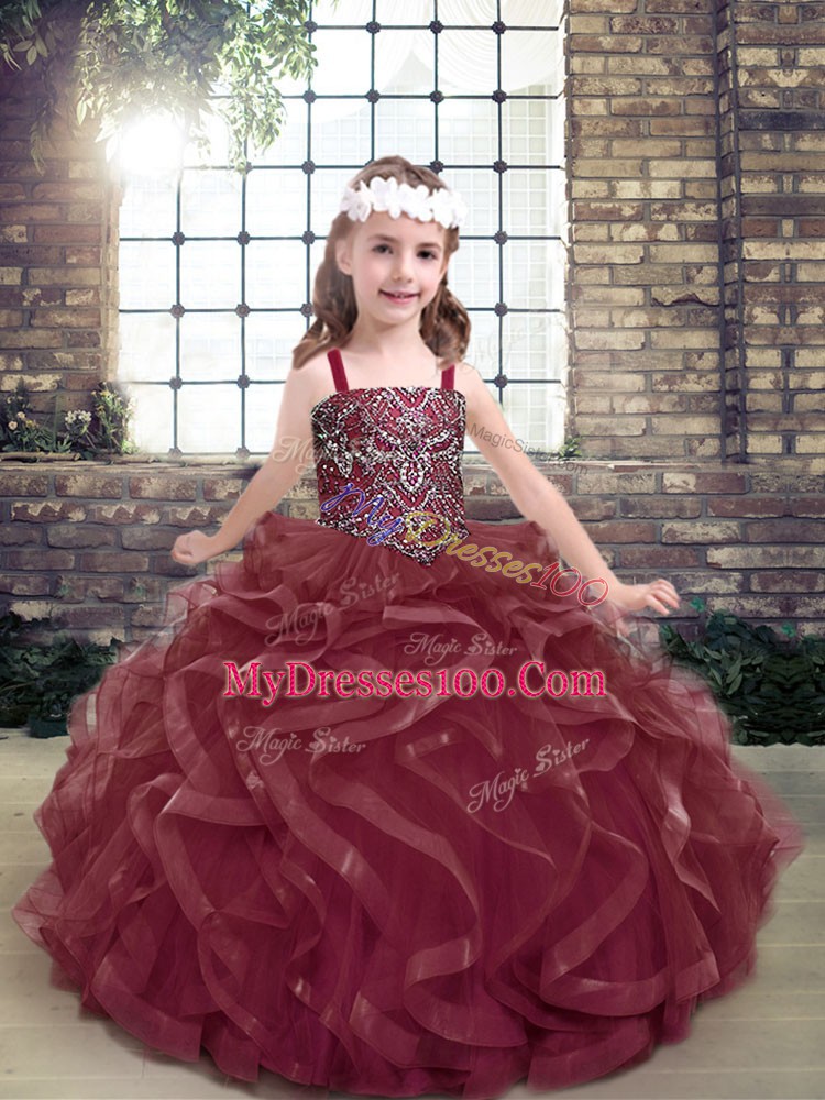 Best Burgundy Sleeveless Floor Length Beading and Ruffles Lace Up Little Girls Pageant Dress Wholesale