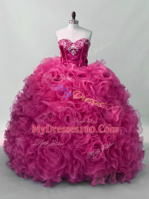 Floor Length Hot Pink Quince Ball Gowns Sweetheart Sleeveless Lace Up