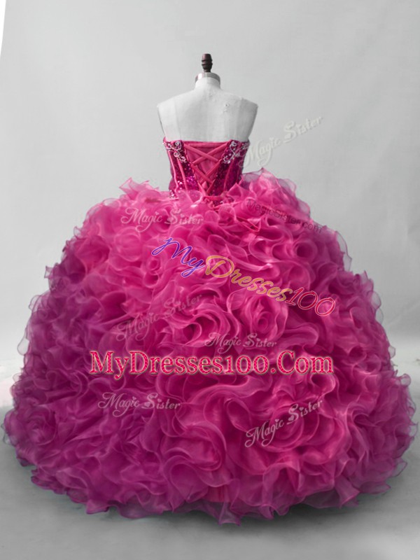 Floor Length Hot Pink Quince Ball Gowns Sweetheart Sleeveless Lace Up