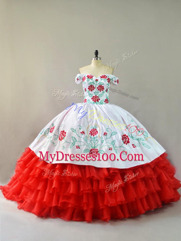 Spectacular White And Red Sleeveless Embroidery and Ruffled Layers Lace Up Quinceanera Gown