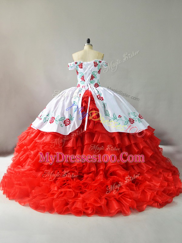 Spectacular White And Red Sleeveless Embroidery and Ruffled Layers Lace Up Quinceanera Gown