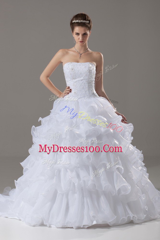 Superior Strapless Sleeveless Organza Wedding Gown Lace and Ruffled Layers Brush Train Lace Up