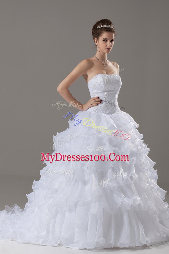 Superior Strapless Sleeveless Organza Wedding Gown Lace and Ruffled Layers Brush Train Lace Up