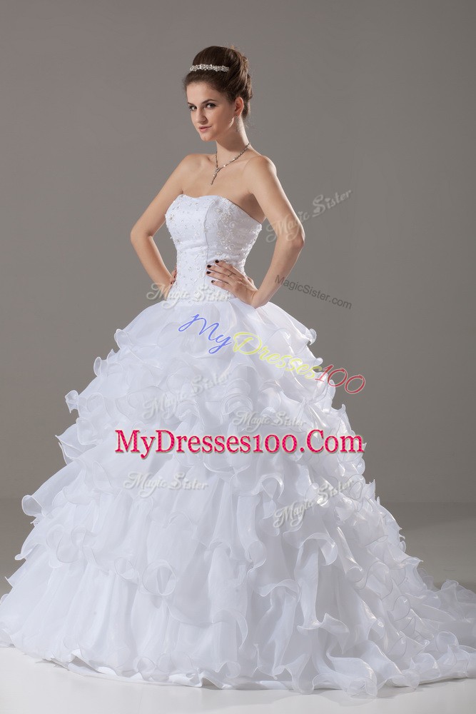 Superior Strapless Sleeveless Organza Wedding Gown Lace and Ruffled Layers Brush Train Lace Up
