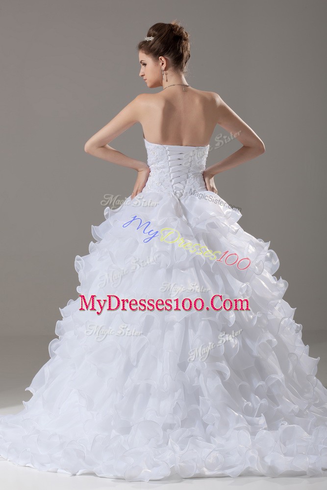 Superior Strapless Sleeveless Organza Wedding Gown Lace and Ruffled Layers Brush Train Lace Up