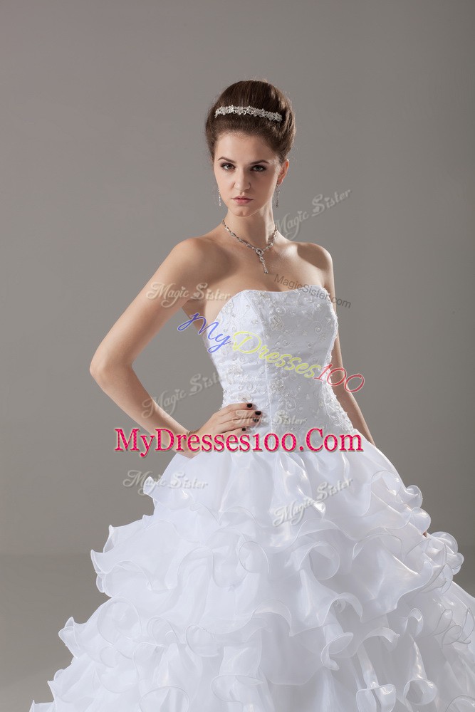 Superior Strapless Sleeveless Organza Wedding Gown Lace and Ruffled Layers Brush Train Lace Up