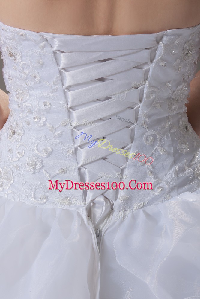 Superior Strapless Sleeveless Organza Wedding Gown Lace and Ruffled Layers Brush Train Lace Up