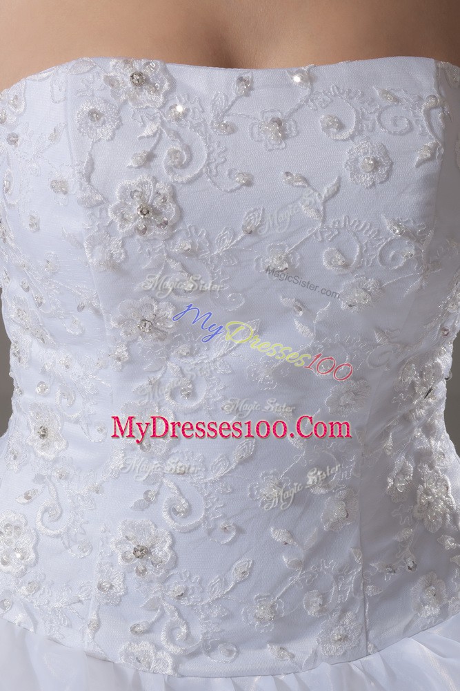 Superior Strapless Sleeveless Organza Wedding Gown Lace and Ruffled Layers Brush Train Lace Up