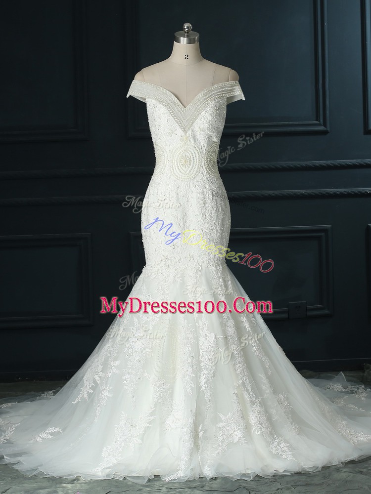 Court Train Mermaid Wedding Gown White Off The Shoulder Organza Sleeveless Zipper
