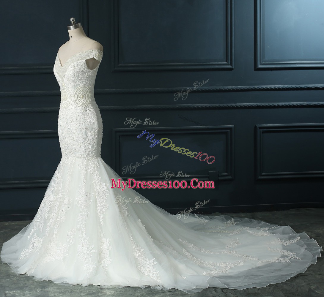 Court Train Mermaid Wedding Gown White Off The Shoulder Organza Sleeveless Zipper