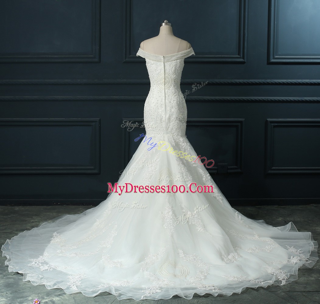 Court Train Mermaid Wedding Gown White Off The Shoulder Organza Sleeveless Zipper