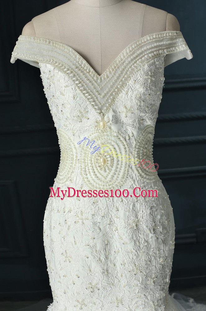 Court Train Mermaid Wedding Gown White Off The Shoulder Organza Sleeveless Zipper