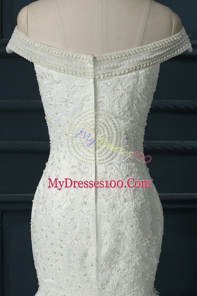Court Train Mermaid Wedding Gown White Off The Shoulder Organza Sleeveless Zipper