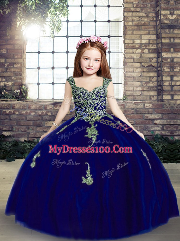 Sleeveless Lace Up Floor Length Appliques Little Girl Pageant Gowns