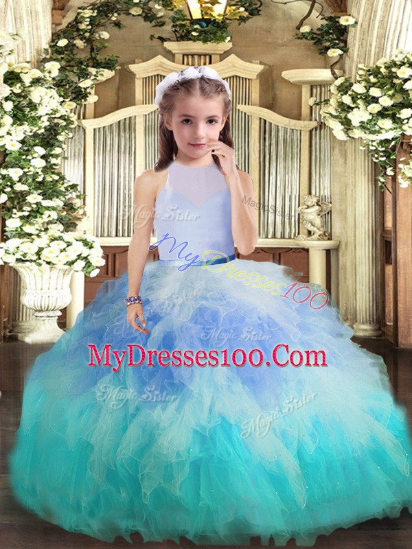 Fantastic Floor Length Multi-color Little Girl Pageant Gowns Tulle Sleeveless Beading and Ruffles
