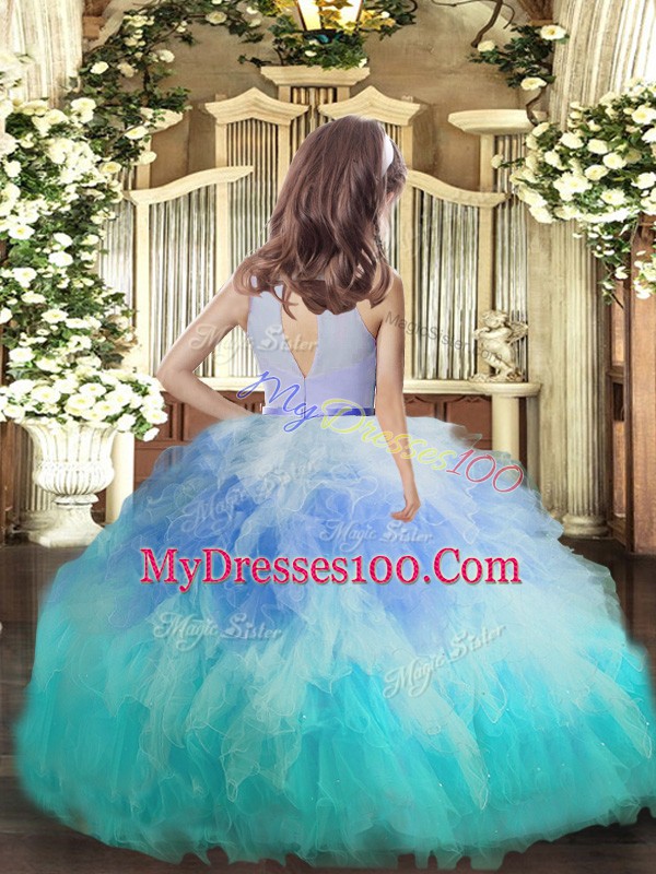 Fantastic Floor Length Multi-color Little Girl Pageant Gowns Tulle Sleeveless Beading and Ruffles