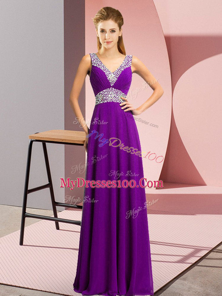 Fashion Purple Lace Up V-neck Beading Evening Dress Chiffon Sleeveless