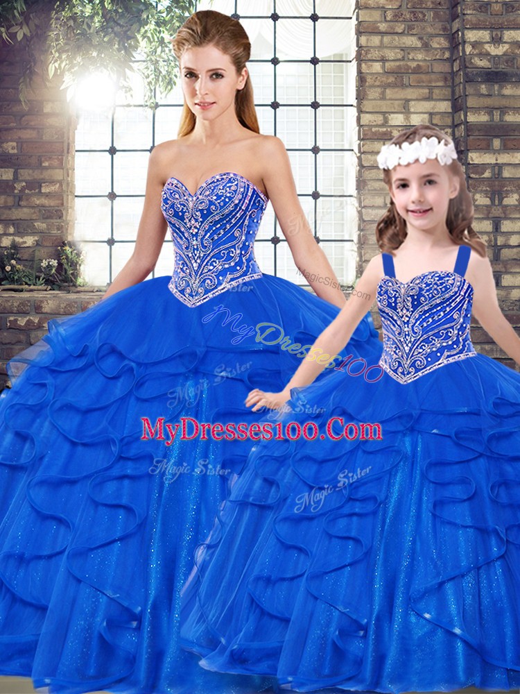 Royal Blue Sweetheart Lace Up Beading and Ruffles Quinceanera Gowns Sleeveless