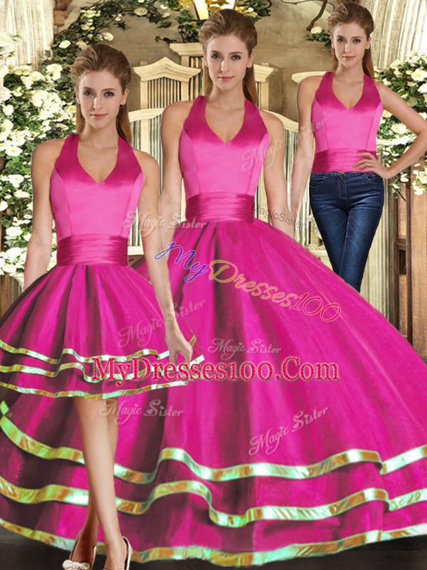 Shining Halter Top Sleeveless Sweet 16 Dresses Floor Length Ruffled Layers Fuchsia Tulle