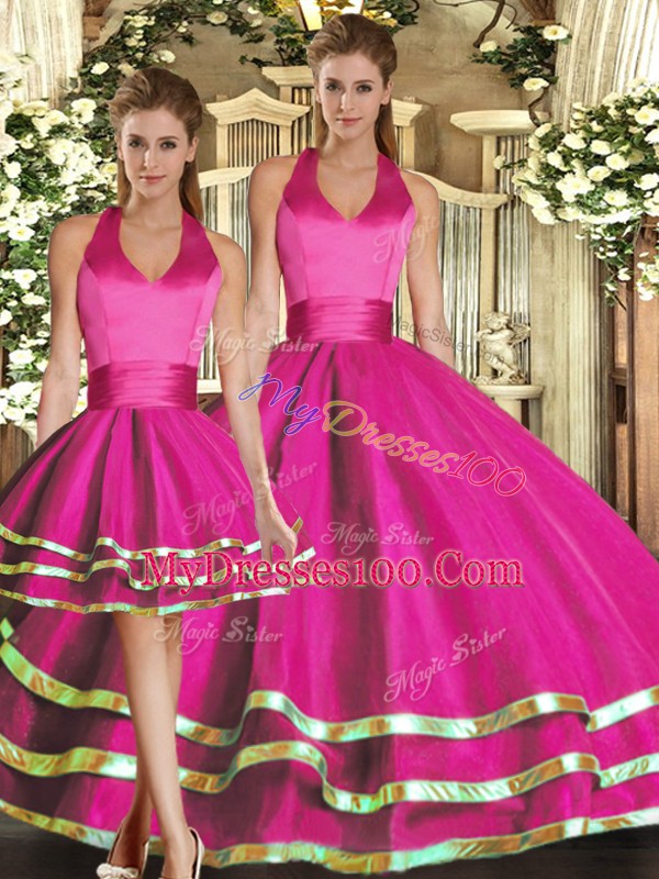 Shining Halter Top Sleeveless Sweet 16 Dresses Floor Length Ruffled Layers Fuchsia Tulle