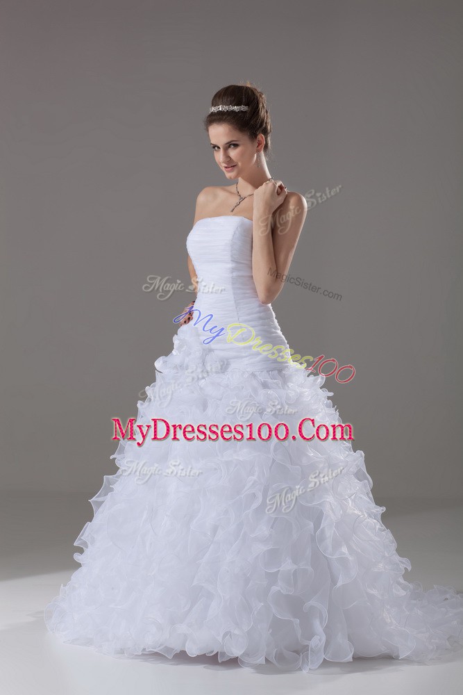 Clearance White Strapless Lace Up Ruffles Wedding Gown Brush Train Sleeveless