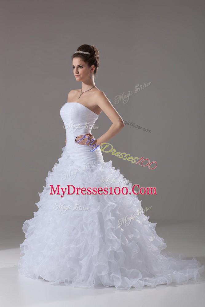 Clearance White Strapless Lace Up Ruffles Wedding Gown Brush Train Sleeveless