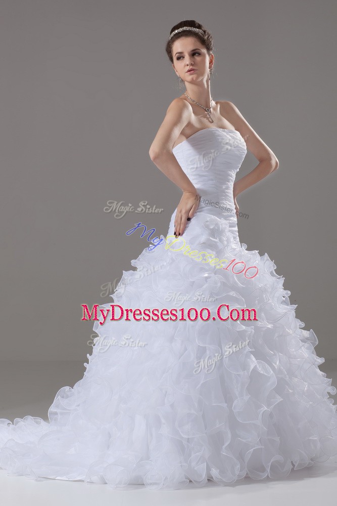Clearance White Strapless Lace Up Ruffles Wedding Gown Brush Train Sleeveless