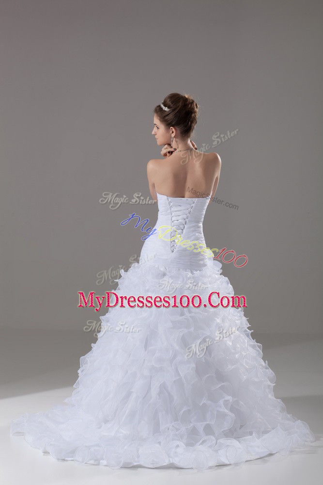 Clearance White Strapless Lace Up Ruffles Wedding Gown Brush Train Sleeveless
