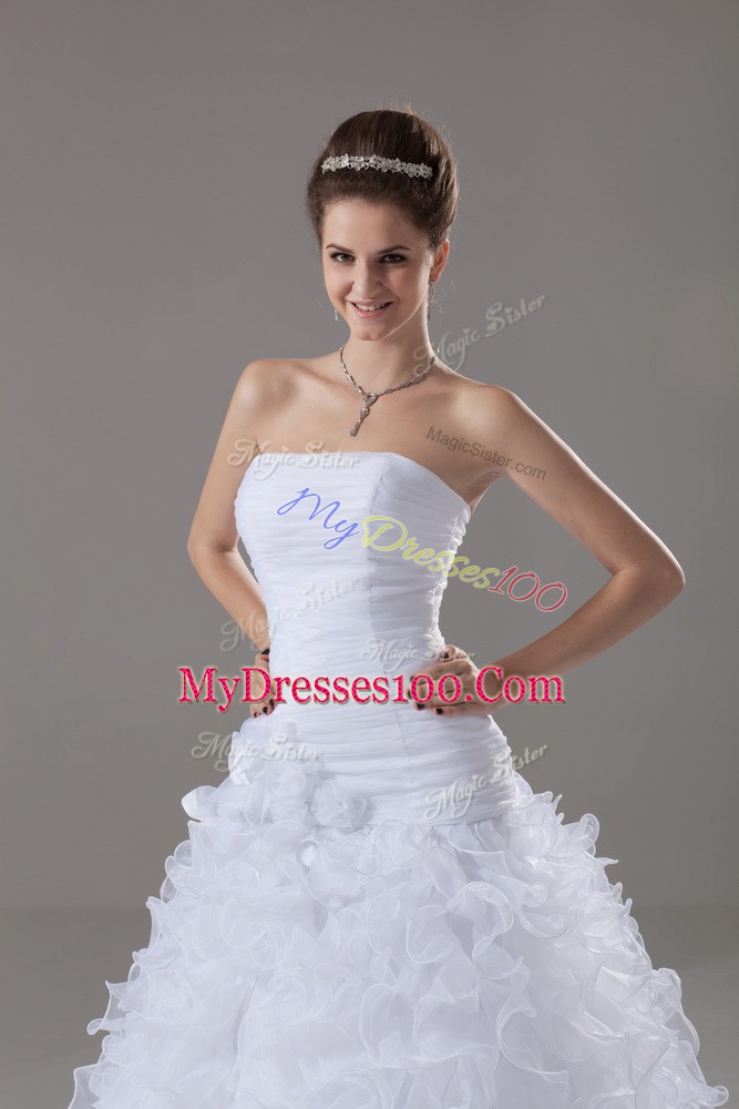Clearance White Strapless Lace Up Ruffles Wedding Gown Brush Train Sleeveless