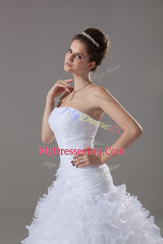 Clearance White Strapless Lace Up Ruffles Wedding Gown Brush Train Sleeveless