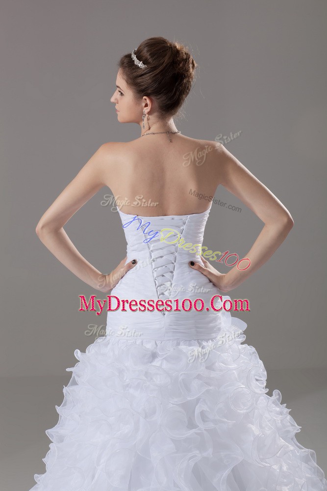 Clearance White Strapless Lace Up Ruffles Wedding Gown Brush Train Sleeveless