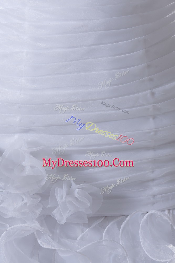 Clearance White Strapless Lace Up Ruffles Wedding Gown Brush Train Sleeveless